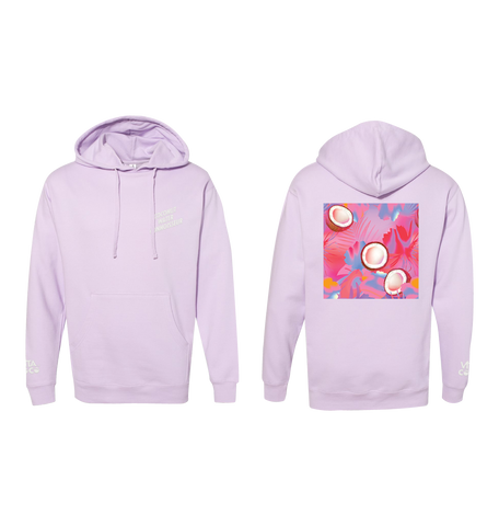 A limited-edition Vita Coco purple hoodie with a pink flower on it, inspired by Bretman Rock, the coconut water connoisseur.