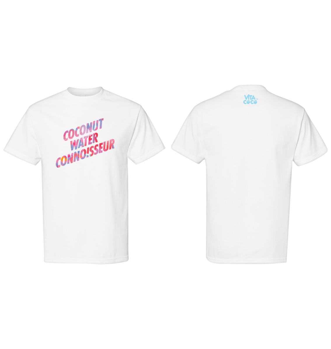 Front and back view of a white Bretman Rock + Vita Coco T-shirt with the phrase "coconut water connoisseur" printed in bold pink and purple letters on the front, and a small Vita Coco logo