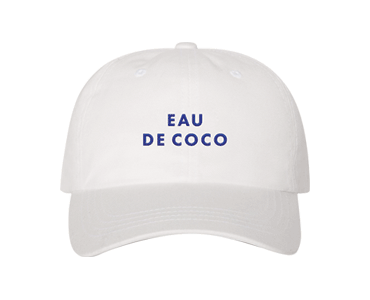 A white Eau De Coco baseball cap with the words Vita Coco on it.