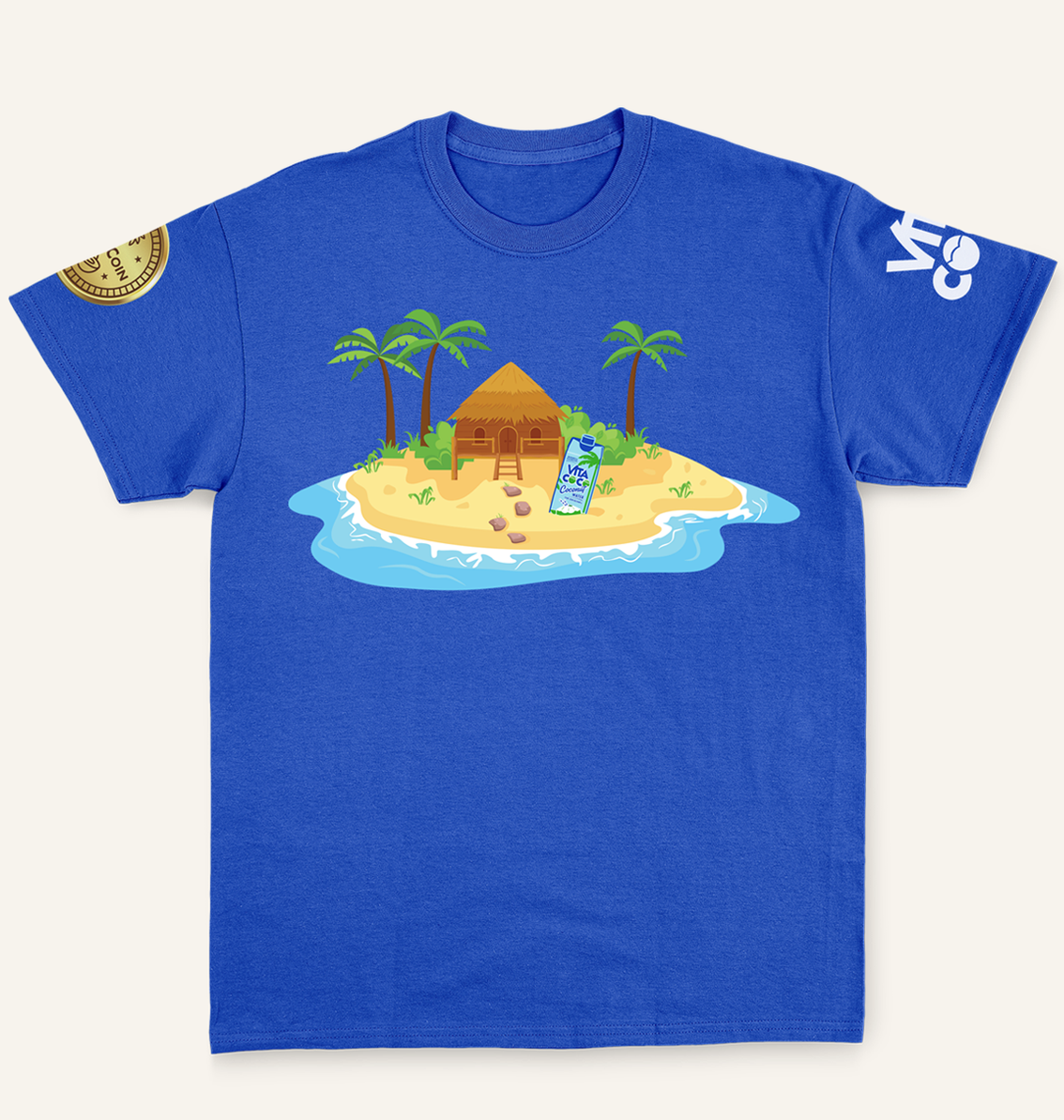 A Vita Coco Coconut Grove T-Shirt - a limited-edition blue t-shirt featuring a hut on an island, inspired by Vita Coco's commitment to a sustainable future.