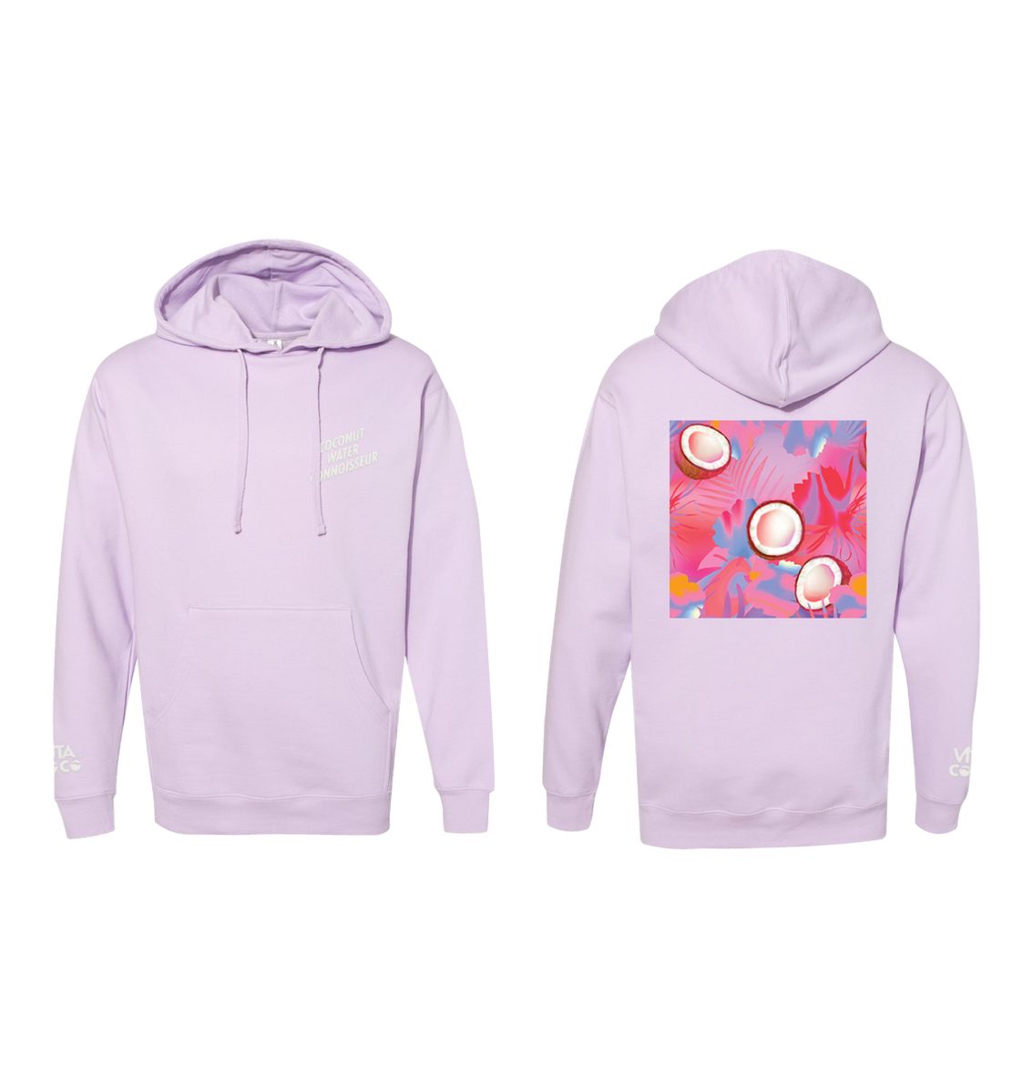 A limited-edition Vita Coco purple hoodie with a pink flower on it, inspired by Bretman Rock, the coconut water connoisseur.