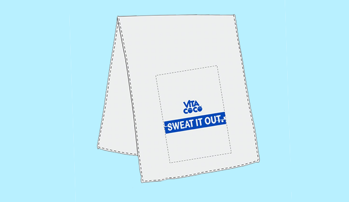 A Vita Coco Hangover Subscription: Super Dry Cooling Towel with a blue label on it. The towel is made of high-quality materials and features a spacious interior for all your belongings. Perfect for everyday use or special occasions, this stylish
