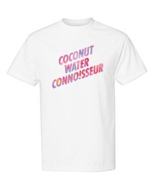 Bretman Rock + Vita Coco T-Shirt with the phrase "coconut water connoisseur" printed in pink and blue font, inspired by the Vita Coco Project.