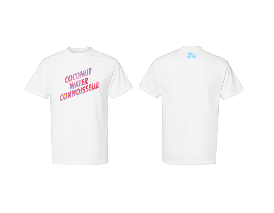 Front and back view of a Bretman Rock + Vita Coco T-Shirt with the text "coconut water connoisseur" on the front and a small Vita Coco logo on the upper back.