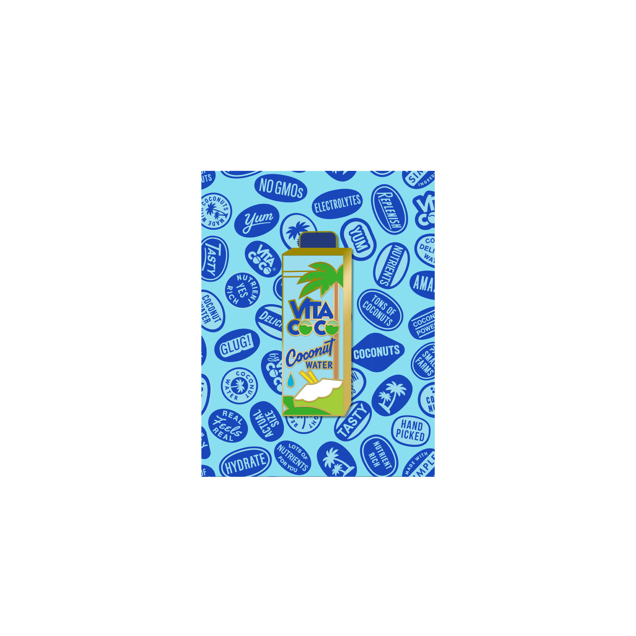 A bottle of Vita Coco Coconut Water Pin is displayed against a blue background adorned with various health-related words and icons like "No GMOs," "Electrolytes," and "Hydrate." A denim jacket draped casually nearby adds a touch of laid-back flair.