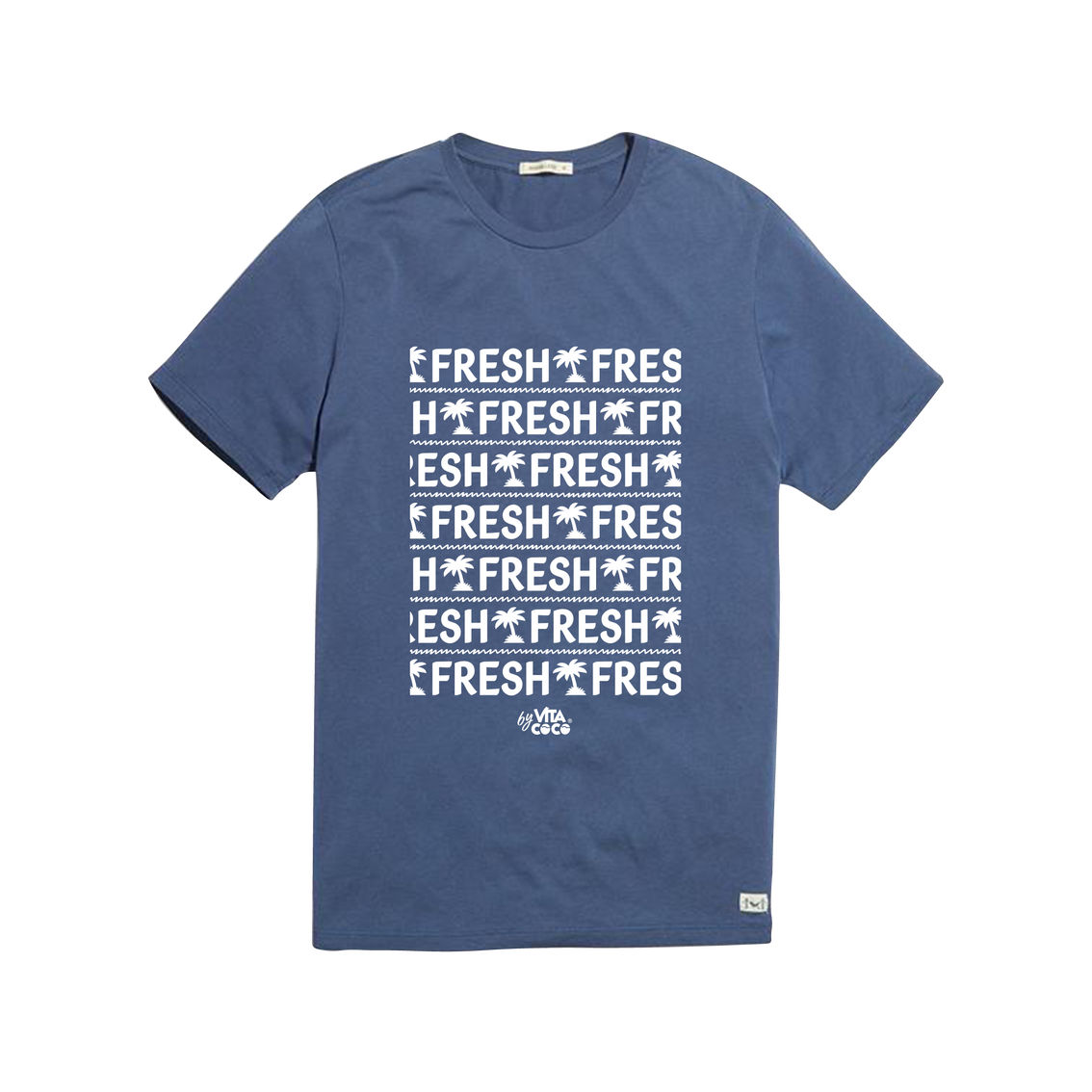 A blue Fresh Crewneck Tee shirt with the word "fresh" on it, perfect for lounging on the couch from Vita Coco.