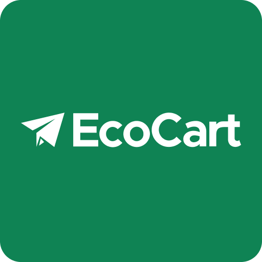 Logo of EcoCart, featuring a white paper airplane icon on a green background symbolizing "Offset My Carbon Footprint" offsetting.